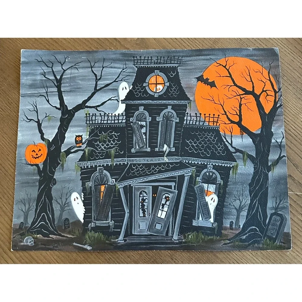 Vintage Hallmark Halloween Haunted House Poster Art Ghosts Pumpkins 15x11
